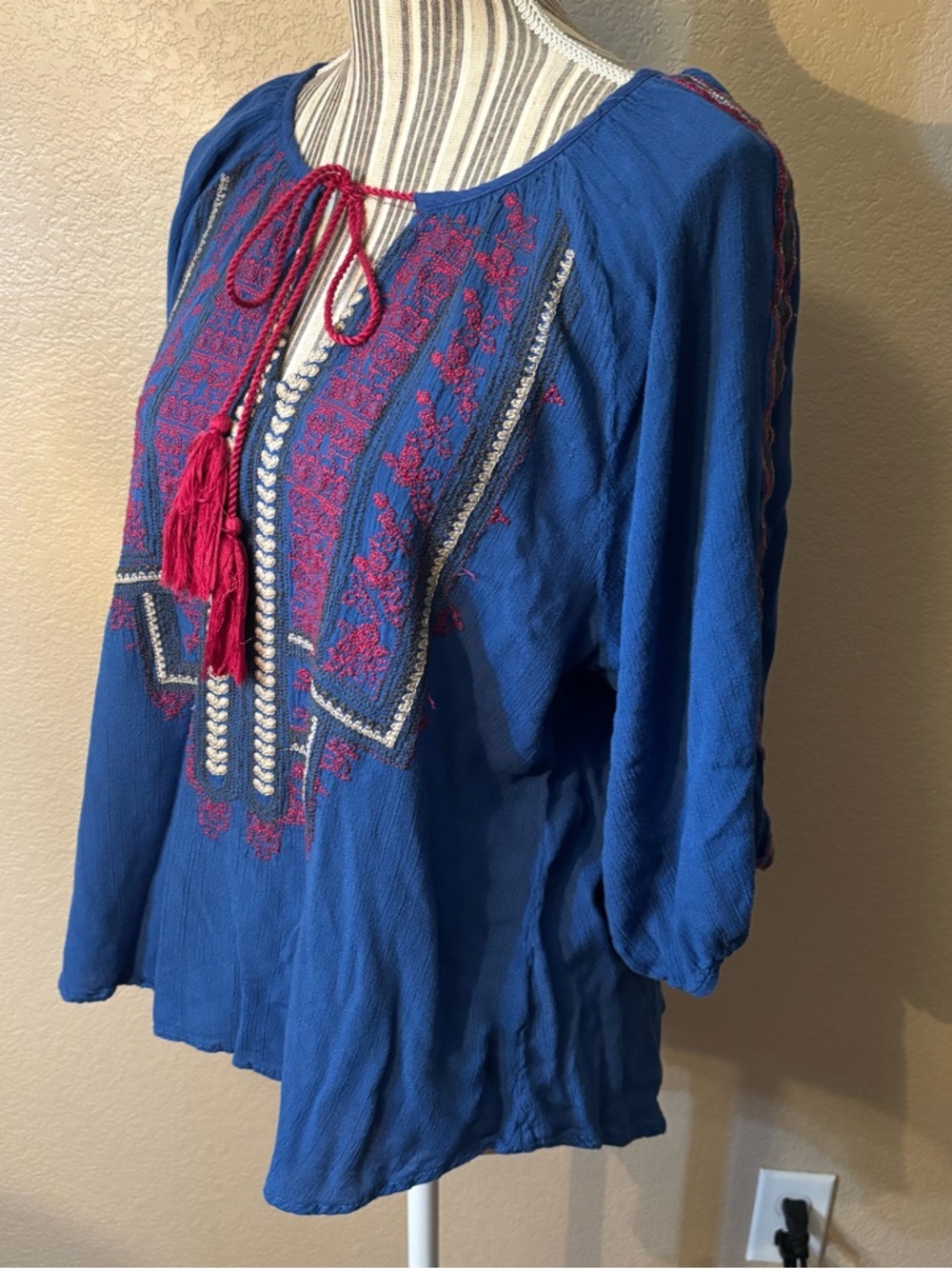 Hazel Boho Top Large Blue Embroidered Peasant Tunic Magenta Tassels 3/4 Sleeves - Picture 7 of 16